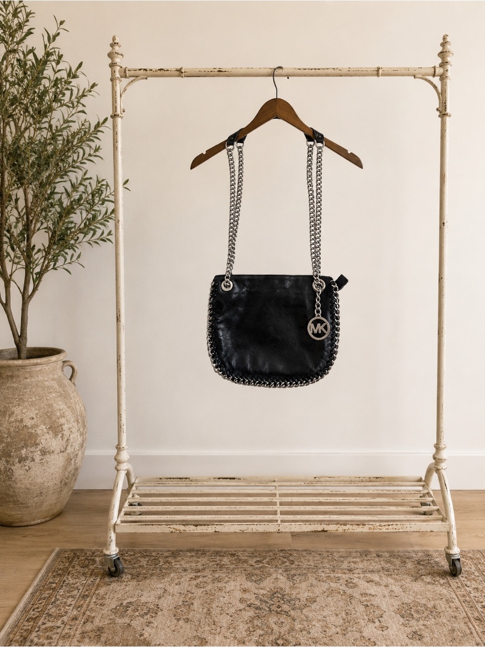 Michael Kors Black Chain-Trim Shoulder Bag with MK Charm